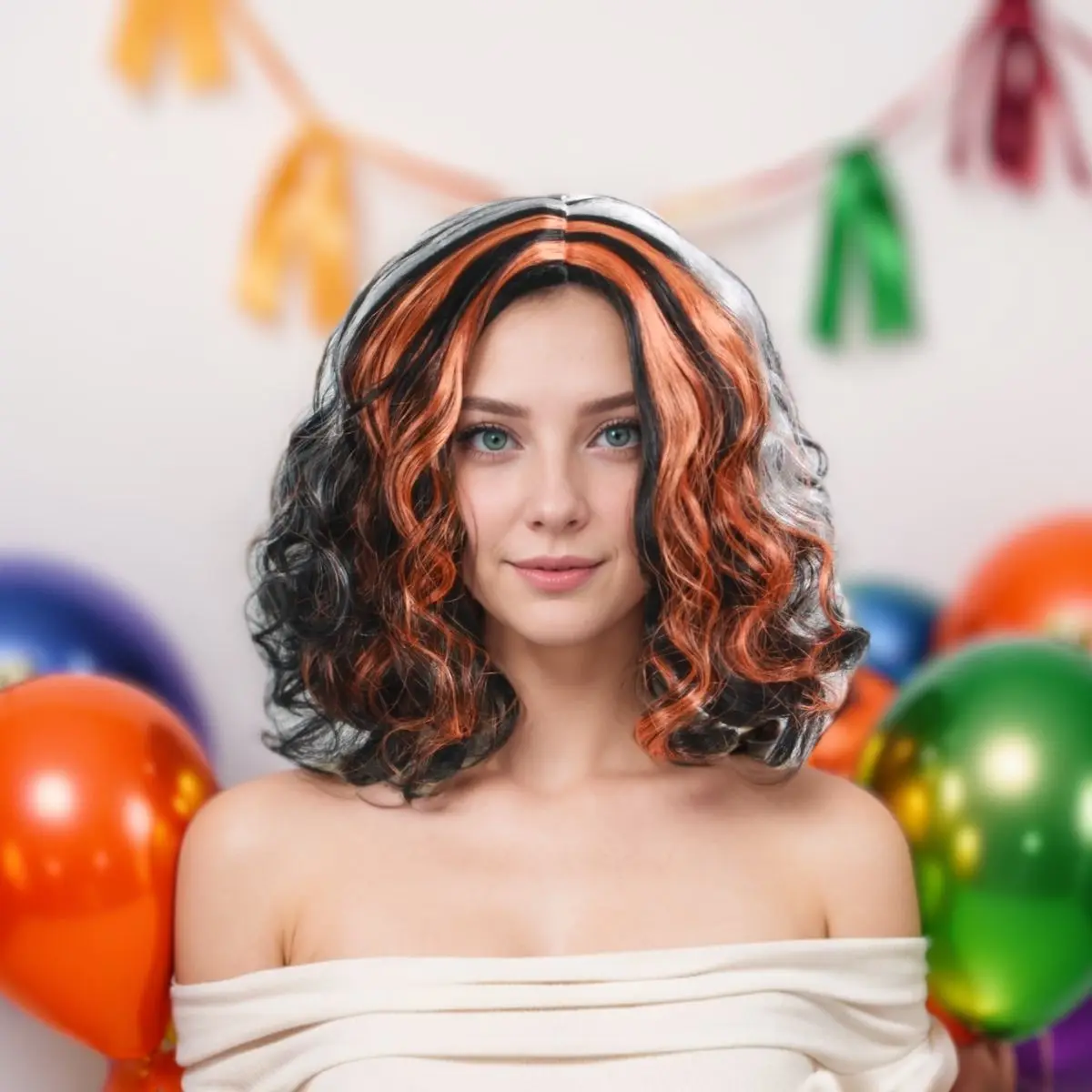Anxin Halloween Short Multicolor Women Layered Bob Curly Synthetic Wig