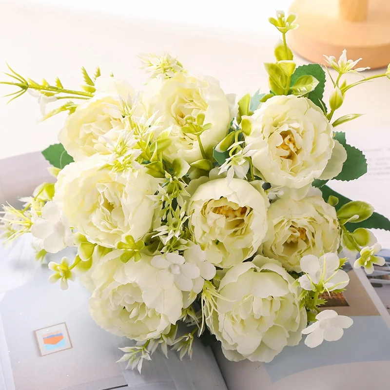 Vintage 5 Heads Real Touch Artificial Flower Rose Hydrangea Green Stem Silk Peony Bouquet for Valentine Wedding Party Decoration