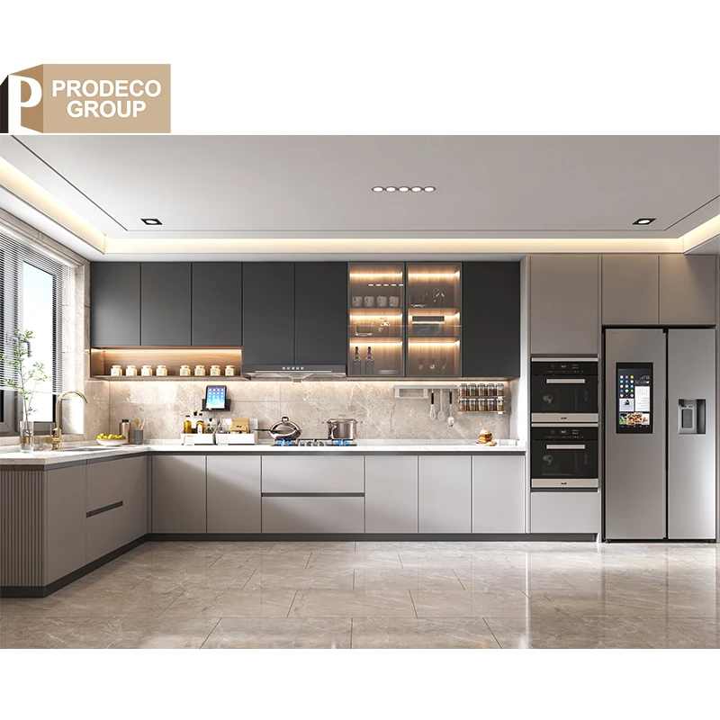 Prodeco Furniture Nigeria MDF High Gloss Lacquer Price Modern Kitchen Cabinet with Handles and Grey Black Doors for Project