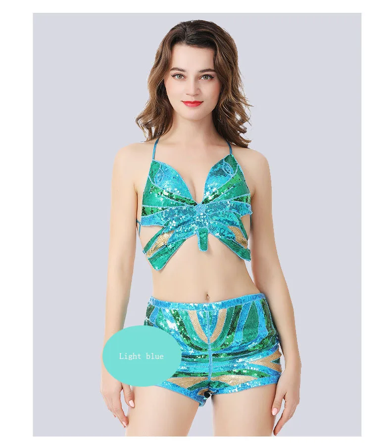 Sexy  Multicolored Sequin embroidery Butterfly Club Pole Dance Show Costumes
