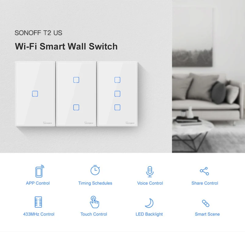 Умный настенный сенсорный выключатель Sonoff T2 Wi-Fi 1/2/3 клавиши