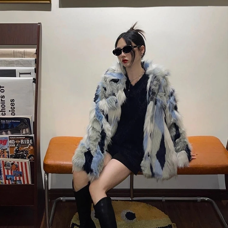 Warm Colorful Hot Sexy Stylish Faux Fox Fur Coat Fall Winter Long-Sleeved Plush Jacket Mixed Color Faux Fur Coat For Women