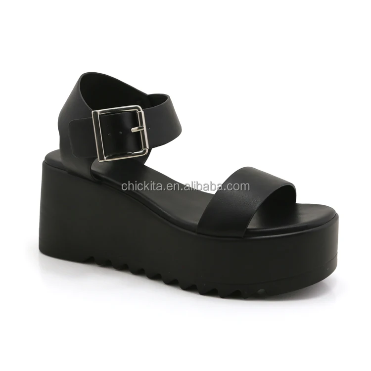 Black chunky wedge outsole woman sandal with big buckle