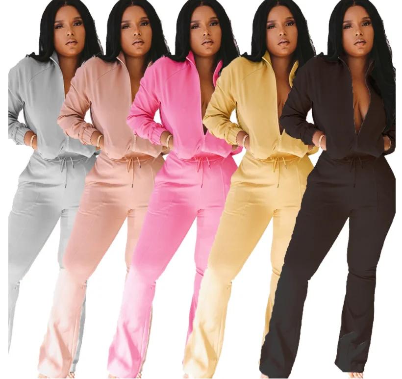 Factory Wholesale custom logo african clothing flared pants women Casual jogger sweatsui 2 piece pants set