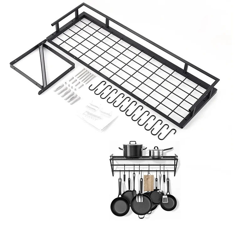 Factory Price wholesale wall mount pot and Pan rack kitchen metal storage racks