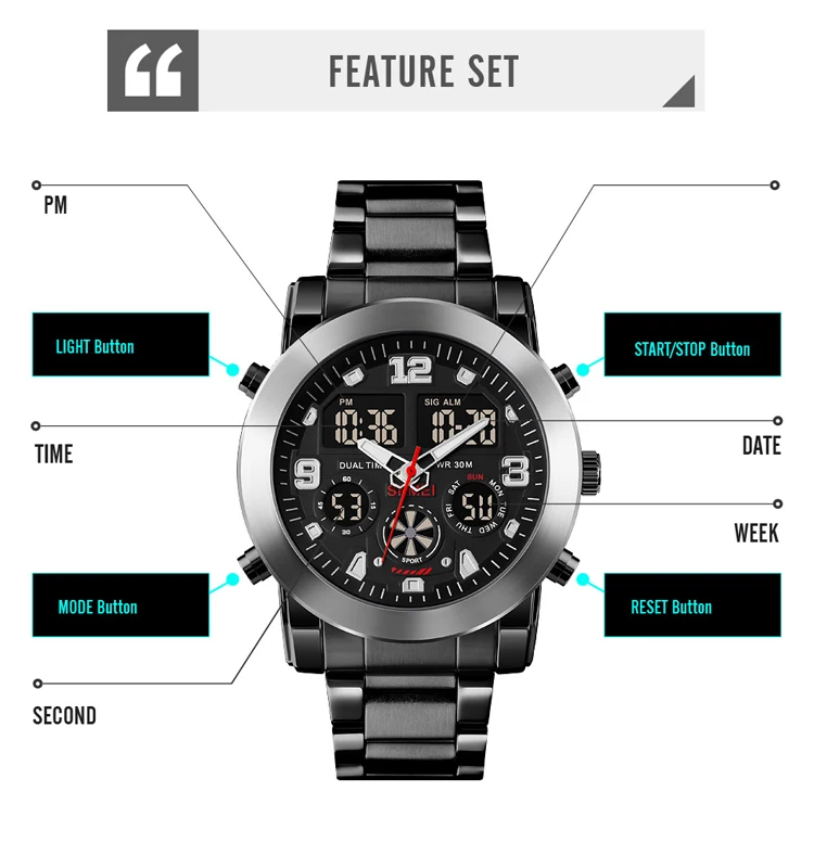 Skmei 1642 Three Times Men Big Dial Watch Analog and Digital Quartz Stainless Steel Watches