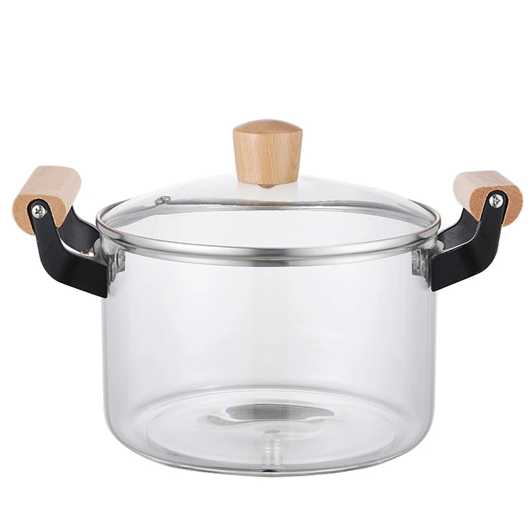 New Design Borosilicate clear Glass Soup Cooking Pot Heat Resistant Multi-function Kitchen Cooking Pot With Wooden Handle