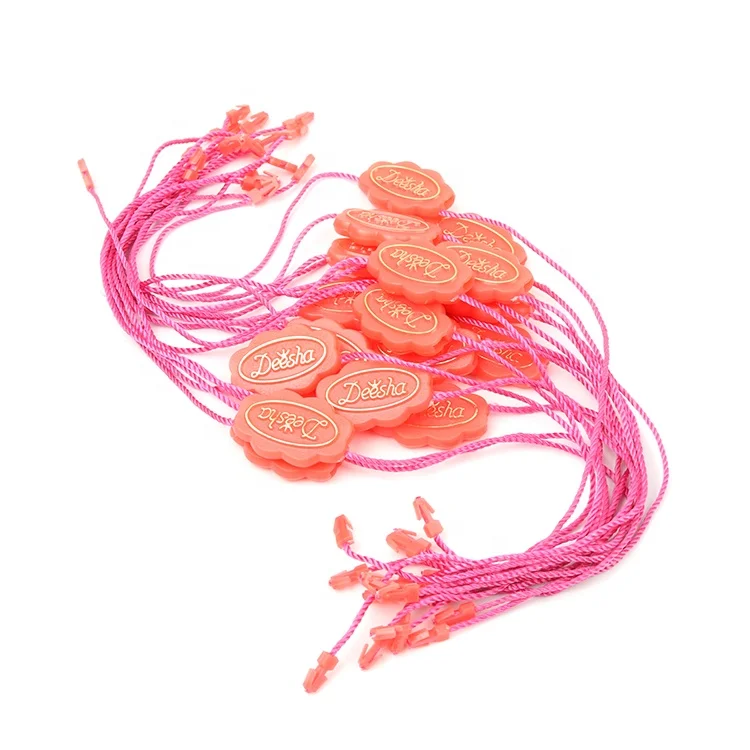 Пользовательские Фирменное наименование Золотая фольга тисненый логотип пластиковые бирки уплотнения струнным замком для одежды