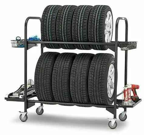 Floor free standing 2 tire display rack heavy duty steel garage tyre display racks hanging storage holders