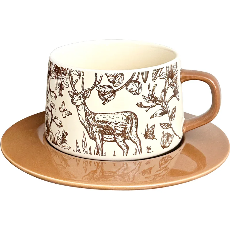 Lelyi INS Retro Ceramic Coffee Cup Saucer with Tray Minimalist Handgrip Design Premium Breakfast Cup for High Beauty Couple