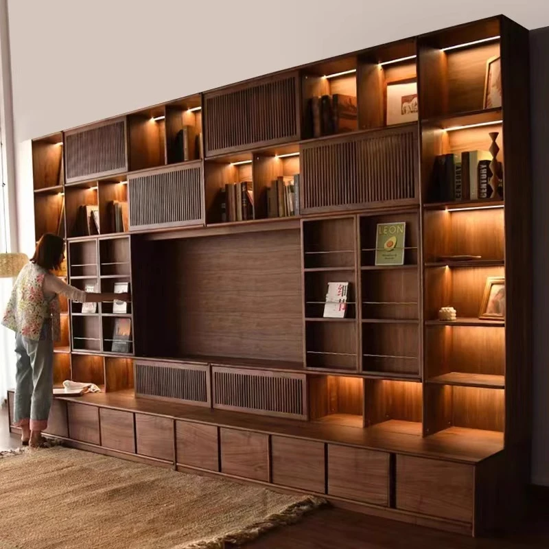 Solid Walnut Wood Full-Wall Bookshelf - Floor-to-Ceiling Bookcase for Living Room