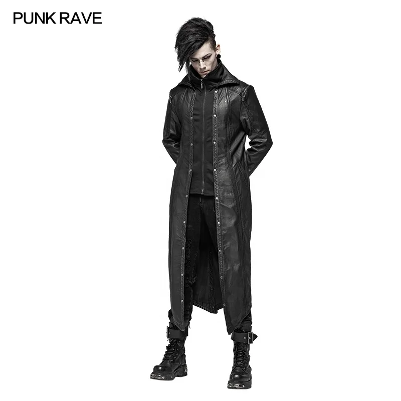 PUNK RAVE Y-422 Wholesale Handsome Gothic Men Long PU Leather Fake Two Pieces Coat