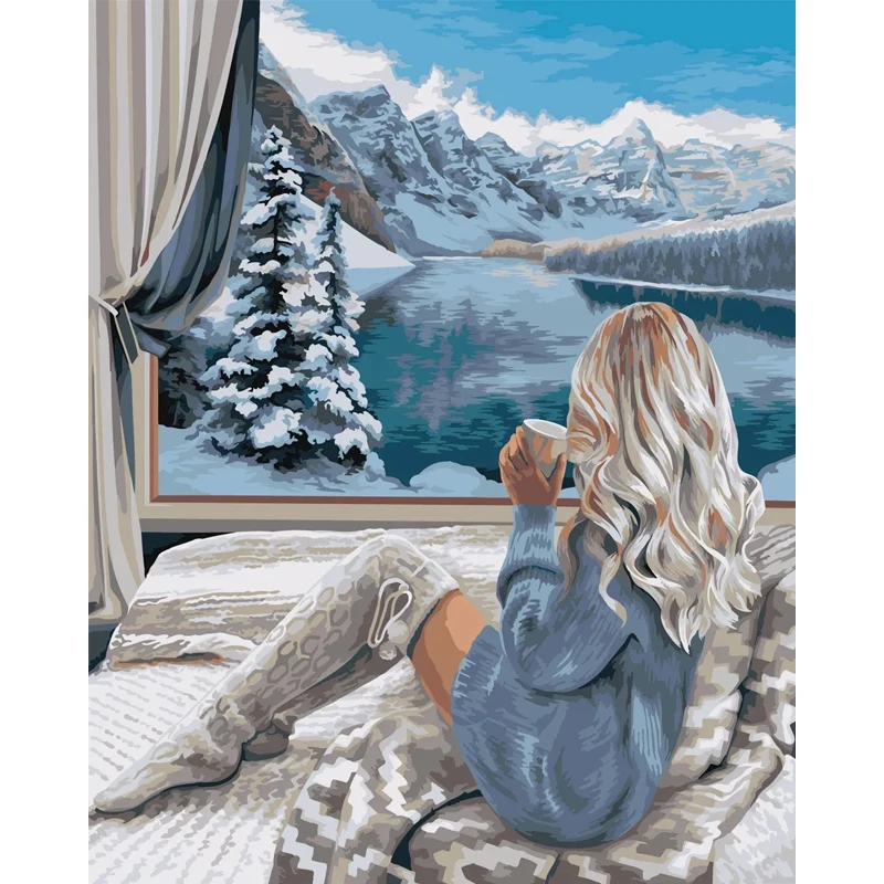 Diy Oil Painting By Number Girl Handpainted Ready Frame Paint By Number Snow Mountain Kits On Canvas For Living Room