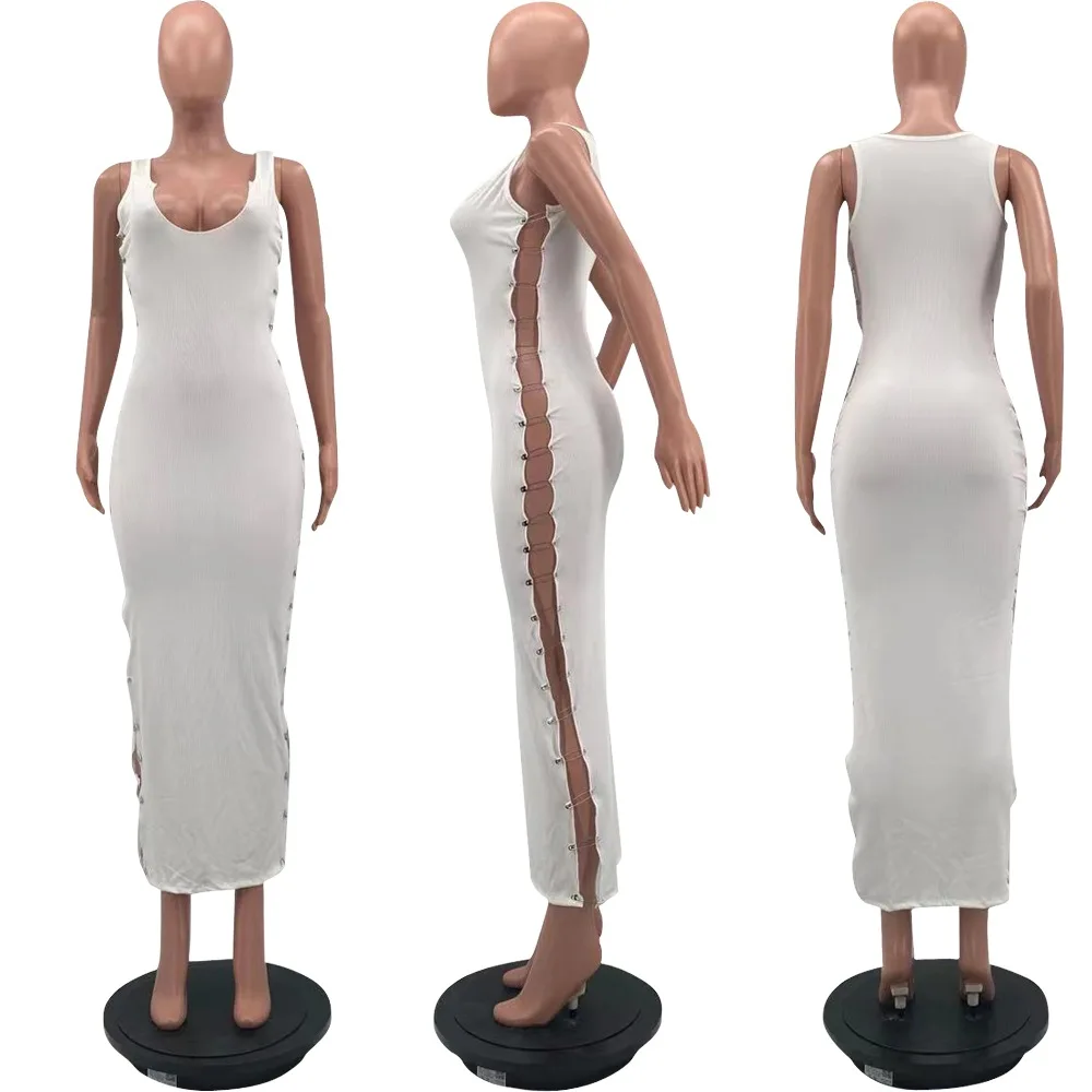 Casual Pin Up Side Hollow Out Women Sleeveless U Neck Fashion Bodycon Ribbed Knitted Long Dress Stretchy Summer Club Dresses