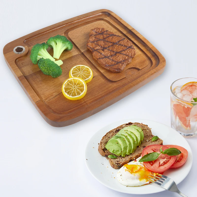 Acacia Wood Cutting Board Steak Plate with Juice Channel Handle Hole