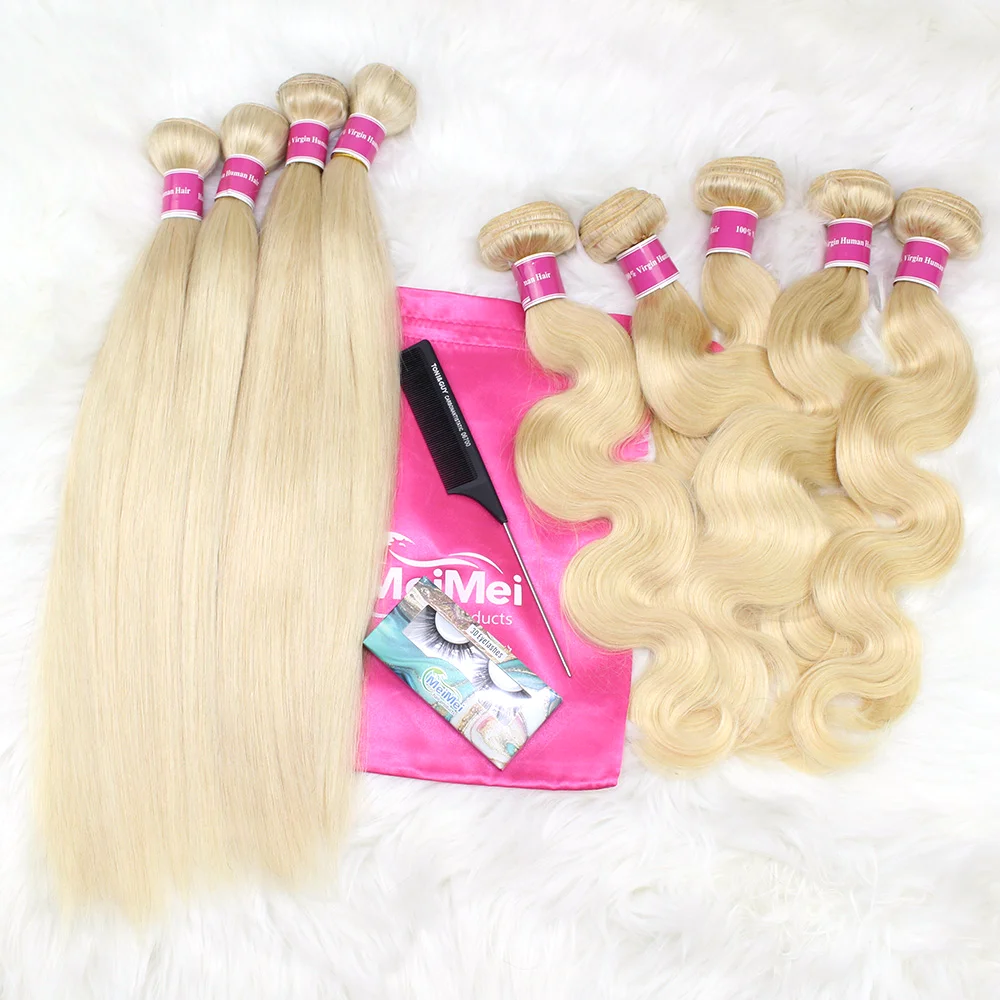 Wholesale double drawn unprocessed russian platinum virgin cuticle aligned honey blonde raw human hair 613 bundles