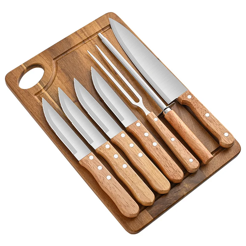 Factory sale 9Pcs steak steel knives choice for kitchen knife set restaurant rubber wood handle with Acacia wood cutting board