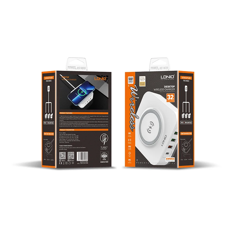 2022 New LDNIO AW004 Desktop Charge Stand 4 Ports USB Type C Mobile Phone PD QC3.0 Fast Charger Adapter Wireless Charger