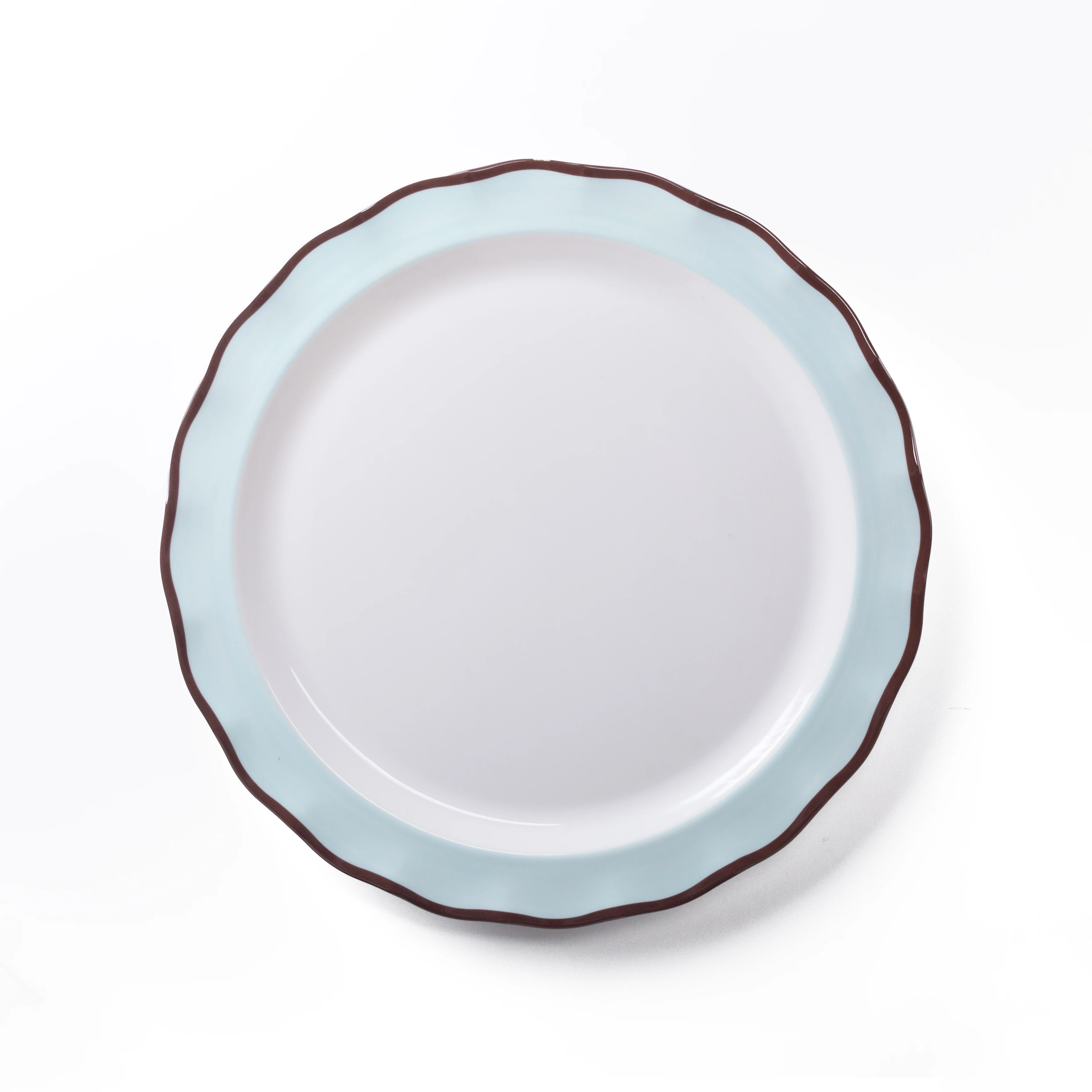 Hot Sale  Large Printing coffee and blue Rim Design Decal Round Wavy Edge Melamine Plate