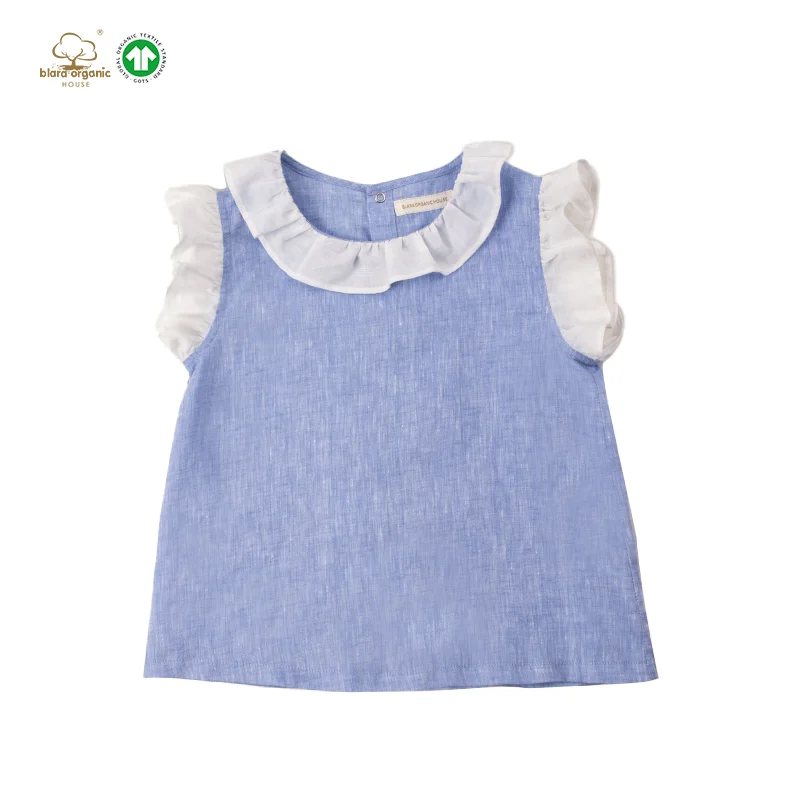 Blue linen girl shirts Hot Solid Ruffle Trim Sleeveless Blouse  Cheap Wholesale Children Shirt Spring and summer