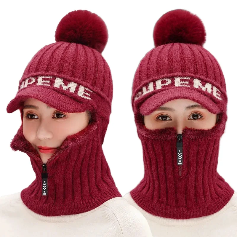 Winter Furry pom Plush Ear Protection Hat Scarf Zipper Hat Knit Woman Warm Knitted Beanie trapper Hat With Neck Flap