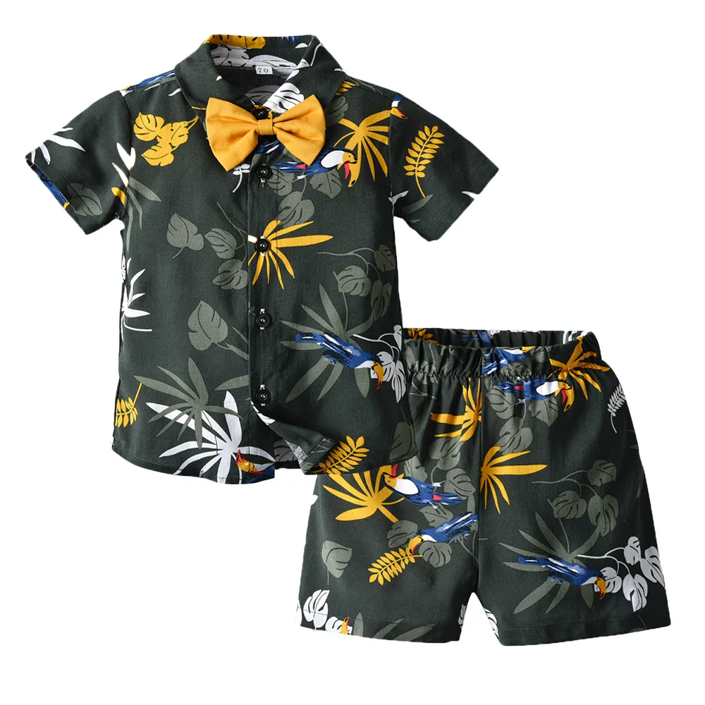 Summer Boy Clothes Outfit Set Toddler Baby Boys Clothing Hawaii Shirt Shorts Printed Flower Leaf Boy Set 1-5 Years Kids Suit