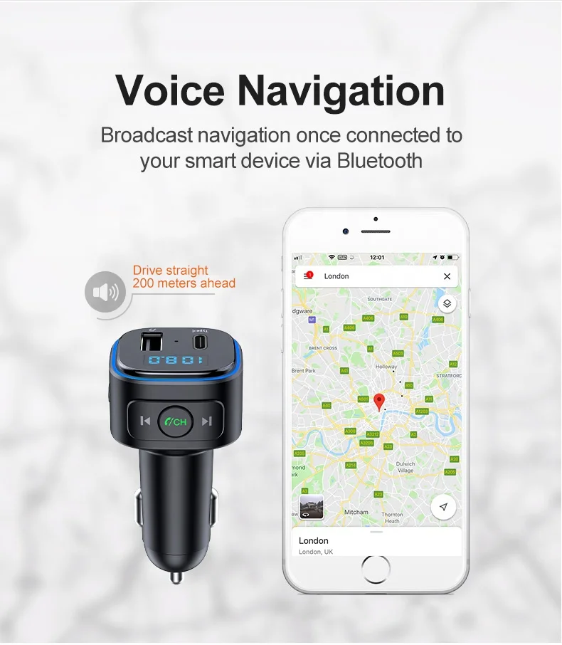 FM Transmitter Upgraded Bluetooth FM Transmitter Wireless Radio Adapter Car Kit with Type-C fast charging Car Charger MP3 Player