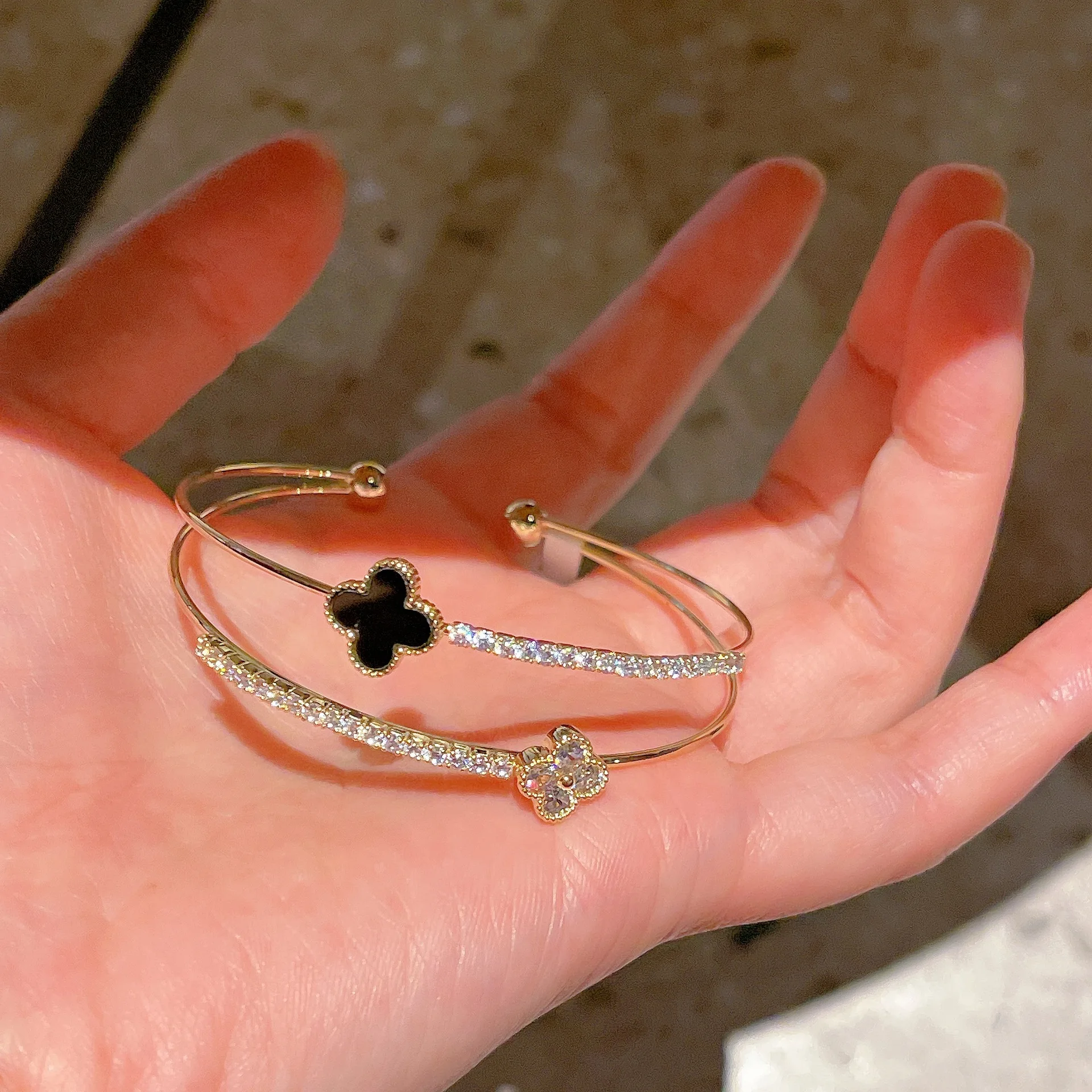 New Exquisite Fine Jewelry Bracelets Bangles 14k Gold Double Layer Clover Bracelet Elegant Zirconia Flower Lucky Charm Bracelet