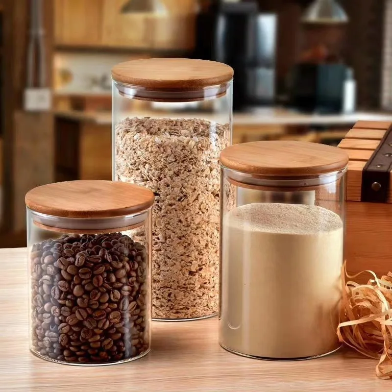Glass Kitchen Canisters with Airtight Bamboo Lid glass Storage Jar with bamboo lid