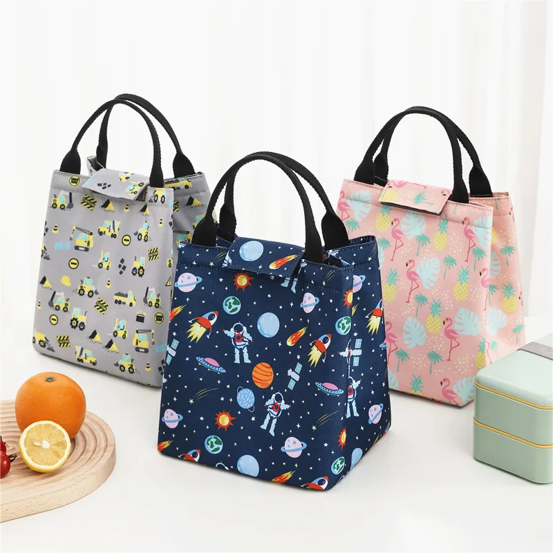 Factory direct wholesale school lunch bags cute cartoon colorful pattern children kids food insulated thermal canvas cooler bag