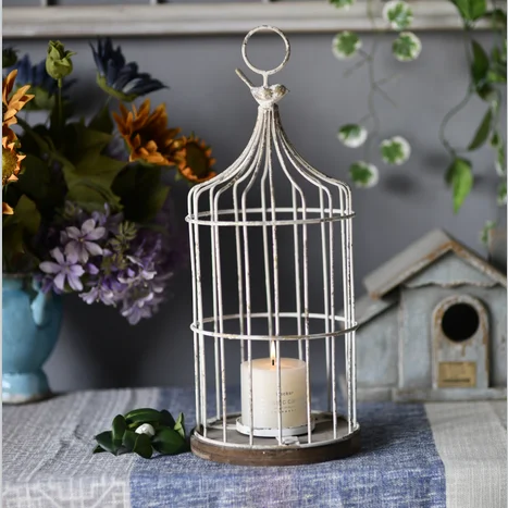 Luxury Hanging Design Iron Candlestick Ornament Creative Birdcage Retro Wooden Tray Candle Base Moroccan Lantern