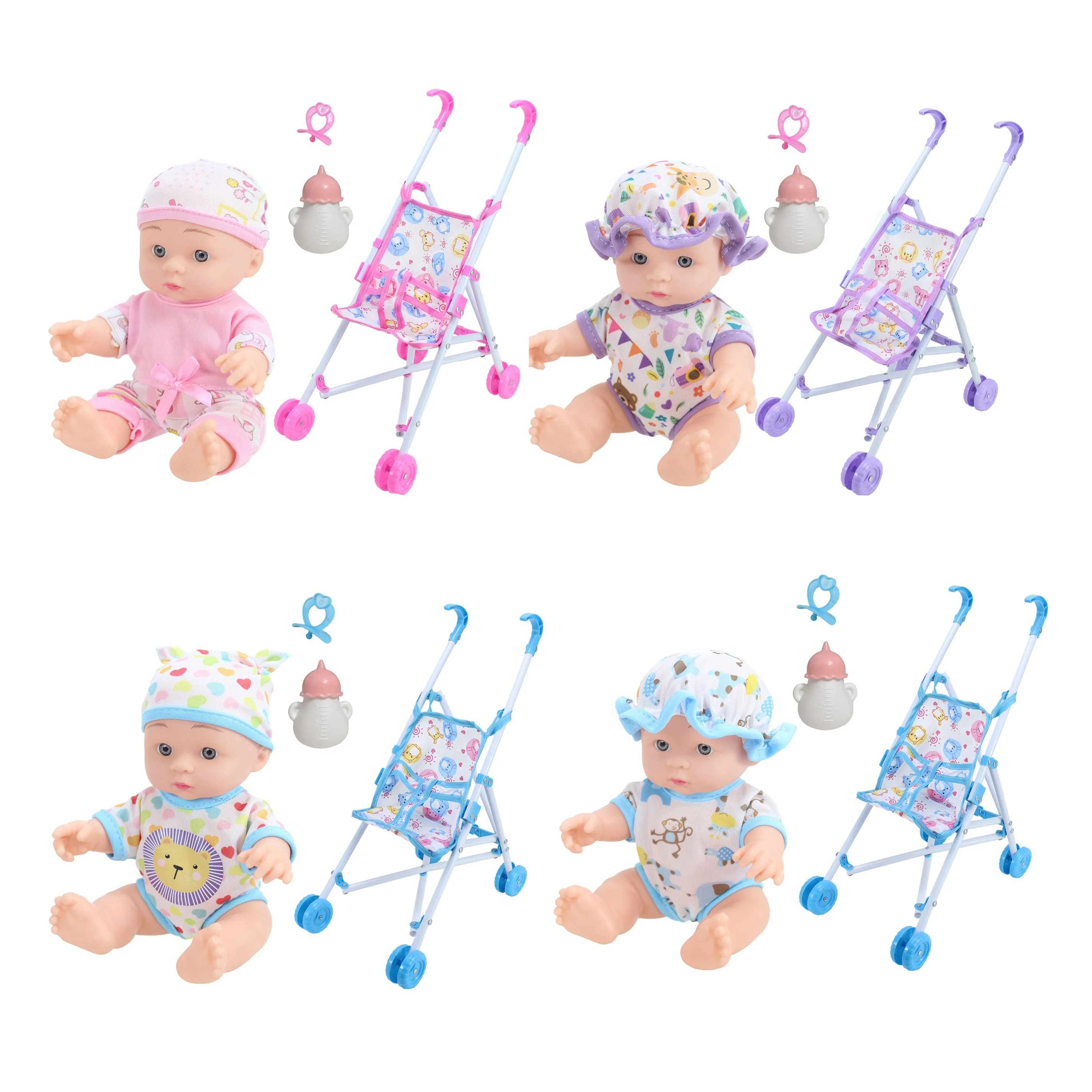 KUNYANG wholesale item 10 inch boys girls toddler stroller set accessory baby handcart bottle pacifier baby doll newborn