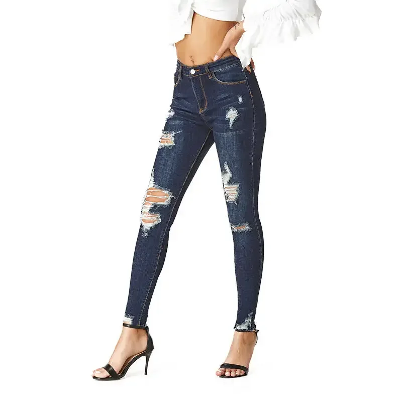 Wholesale Hot Selling Leggings Dark Blue Ladies Jean Women Destroyed Skinny Denim Jeans Women Pants