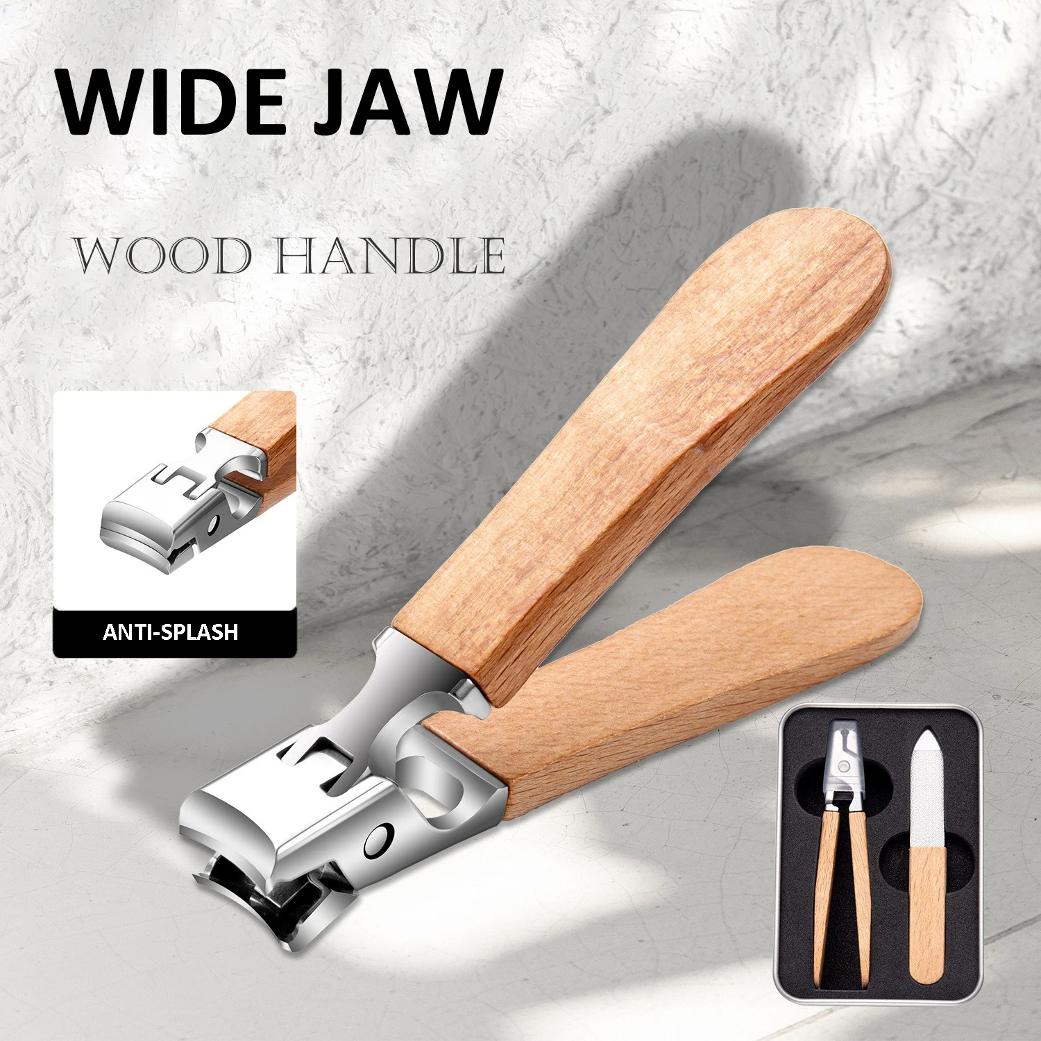 FOCSTAR Creative Natural Wood Handle Anti-Splash Wide Jaw Manicure Clip with Catcher Cuticle Nail Clipper Cutter (BT2061)