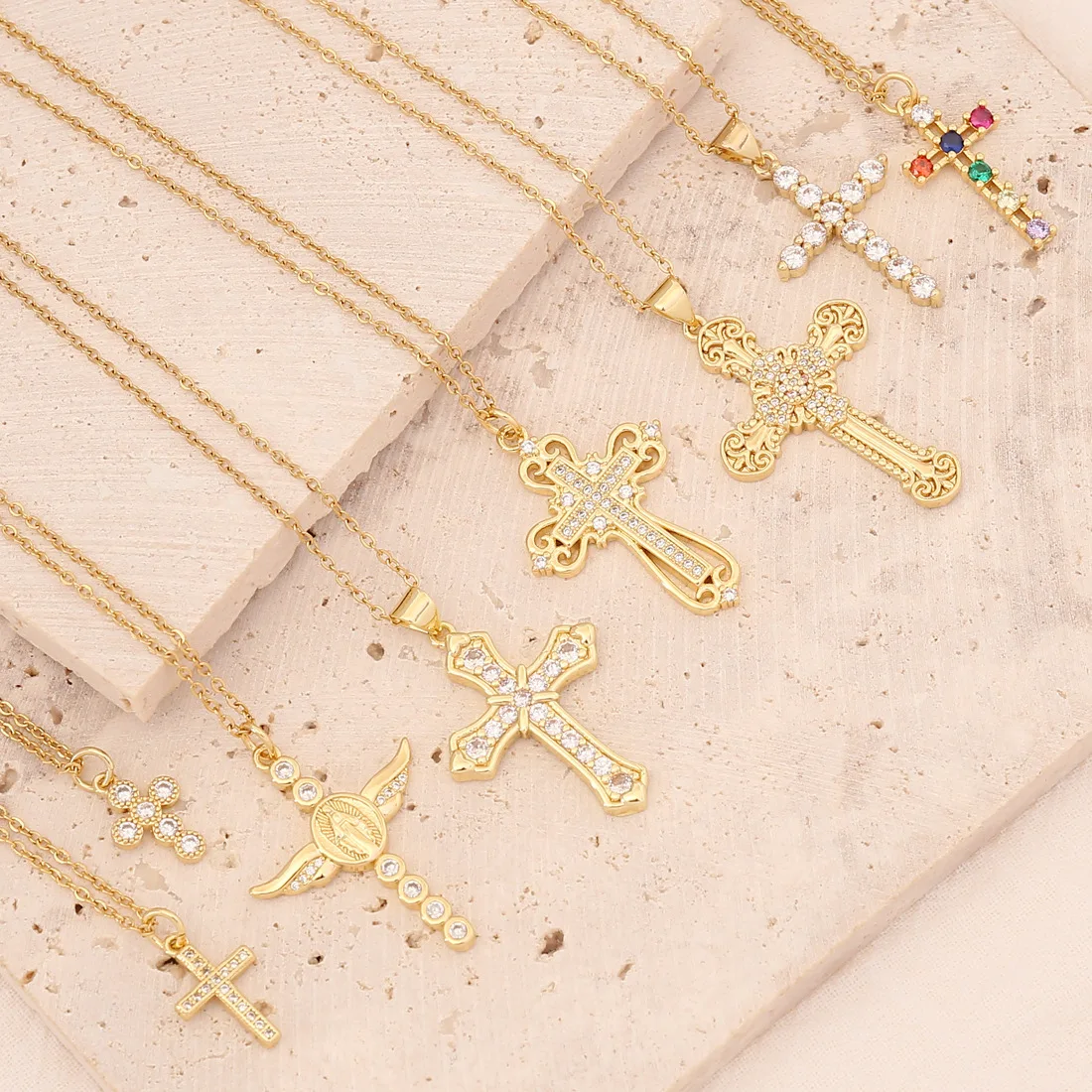 2022 Hip Hop Gold Plating Zircon Cross Pendant Necklace Crystal Rhinestone Angel Wings Cross Necklace