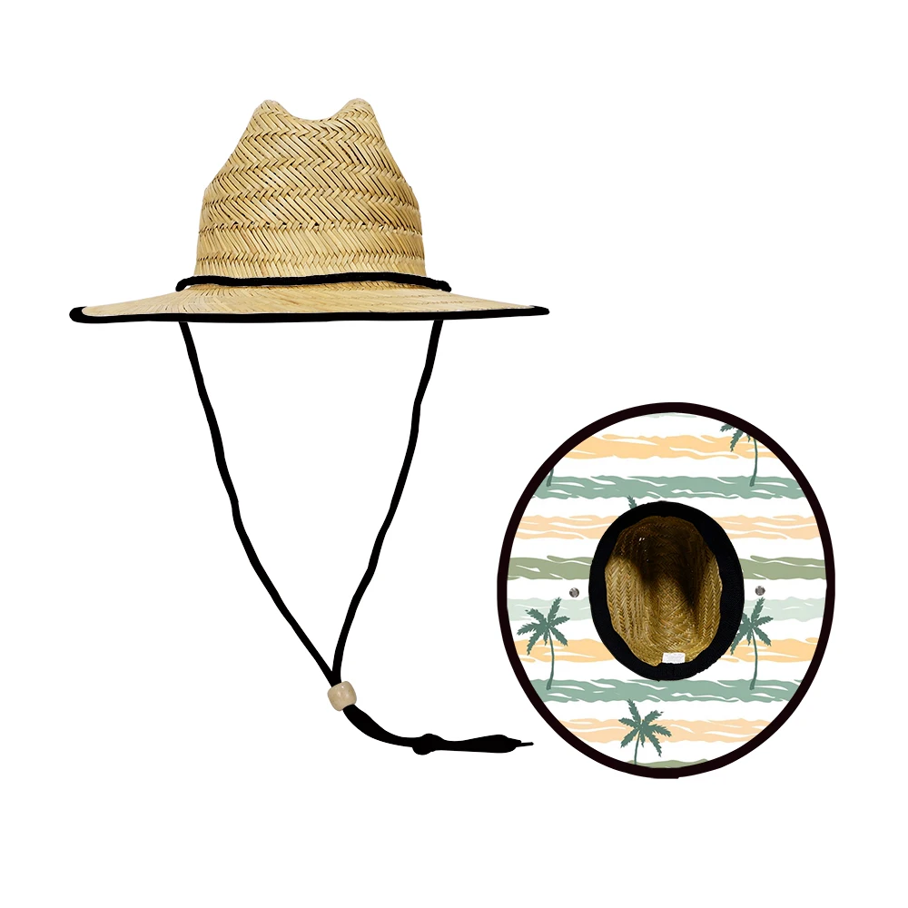 custom summer wide brim children lifeguard hats beach style palm pattern print kids straw hat