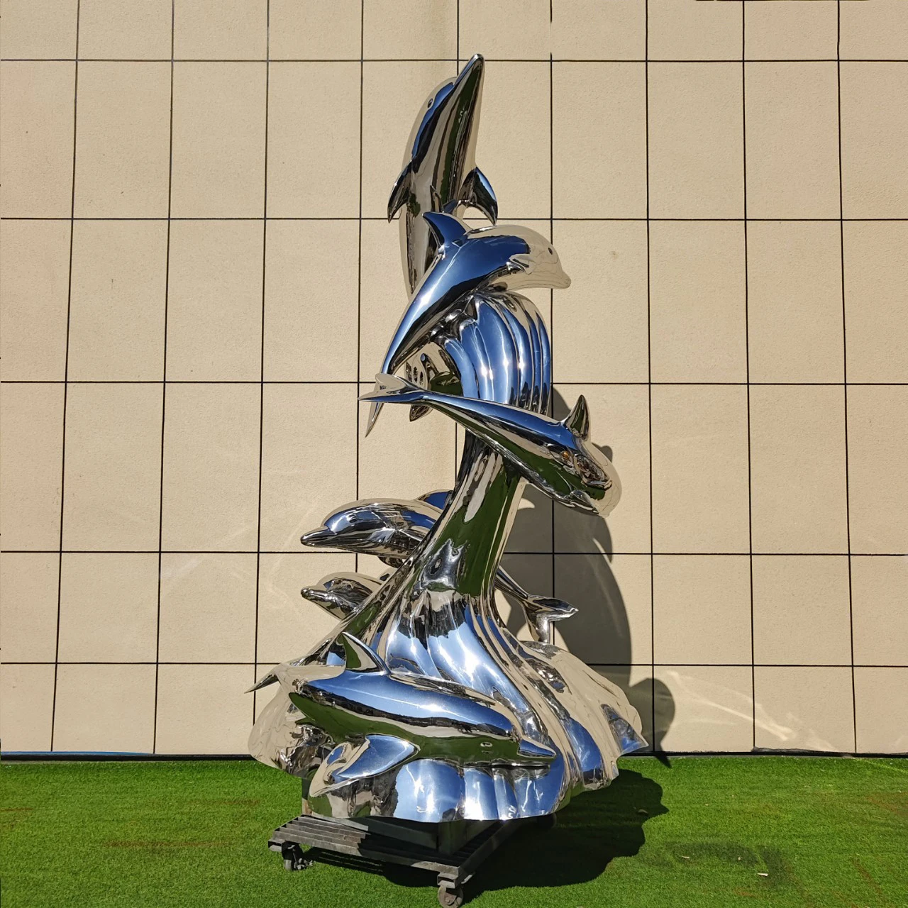 Outdoor Artwork Stainless Steel Dolphin Sculpture Bright Surface Metal Swimming Dolphin Statue