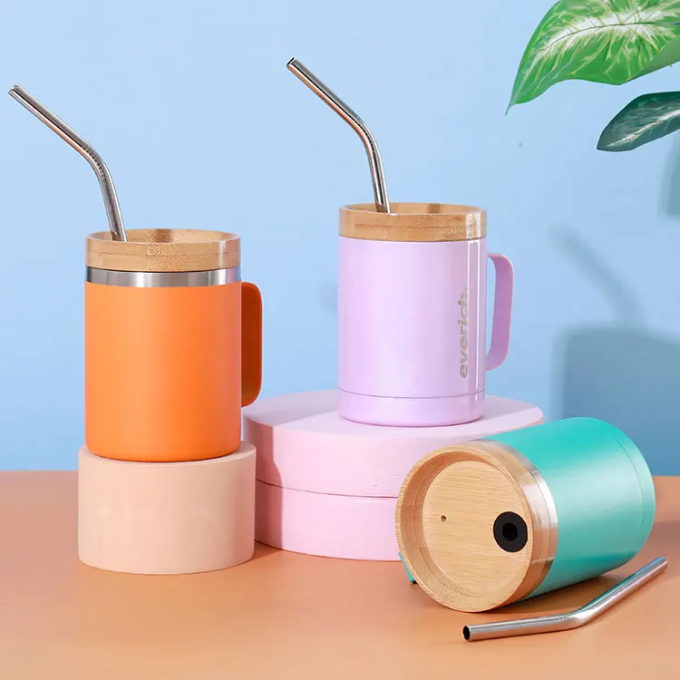 Hot sell coffee cup bamboo lid straw Eco friendly 12oz  stainless steel insulation double wall  tea cup tumbler