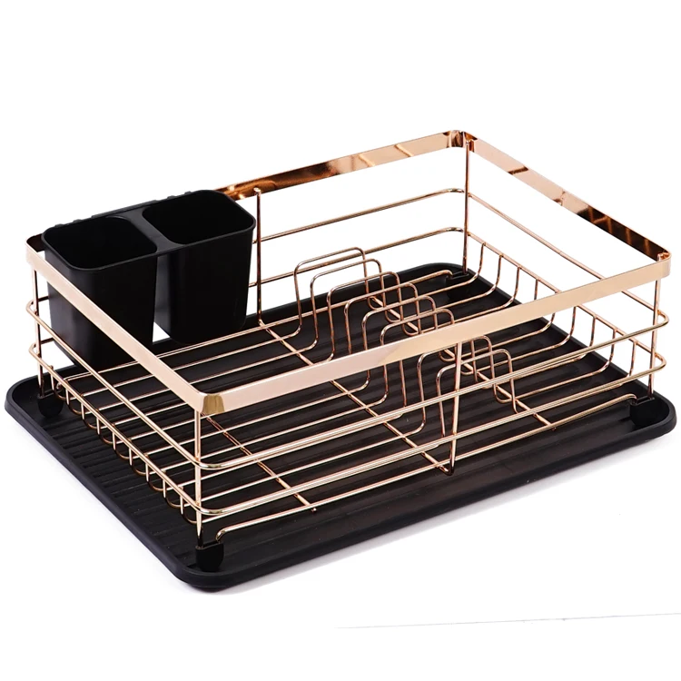 Black Retangular Kitchen Plate Drainer Dish Drying Wire Rack with Removable Plastic Cutlery Holder & Tray