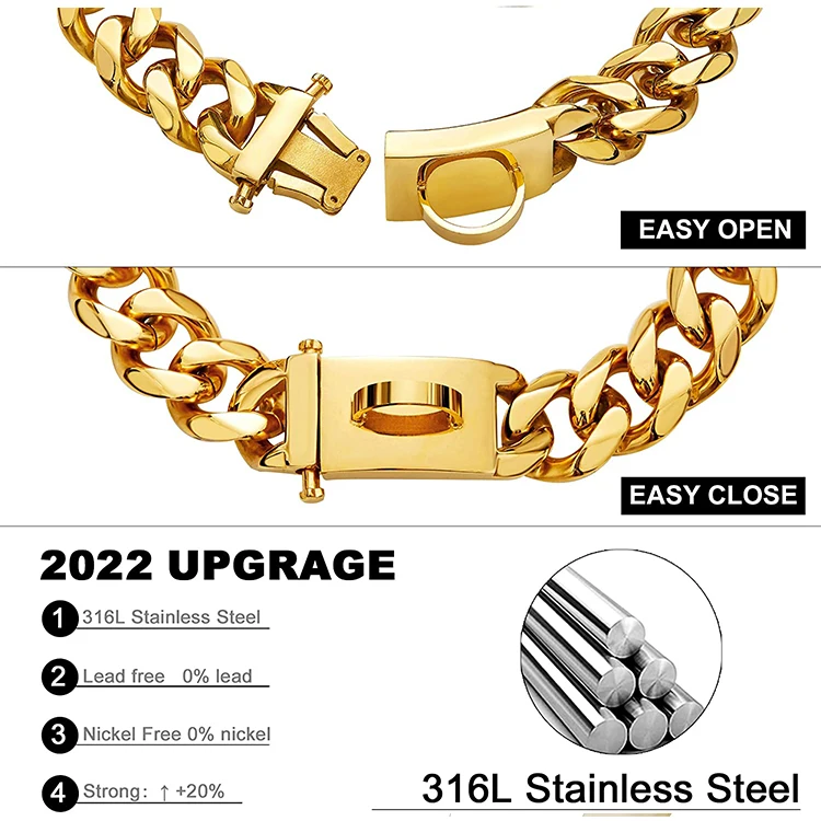 Pet Training Dog Chain luxury stainless steel metal pet collar cuban link gold dog chain with Buckle