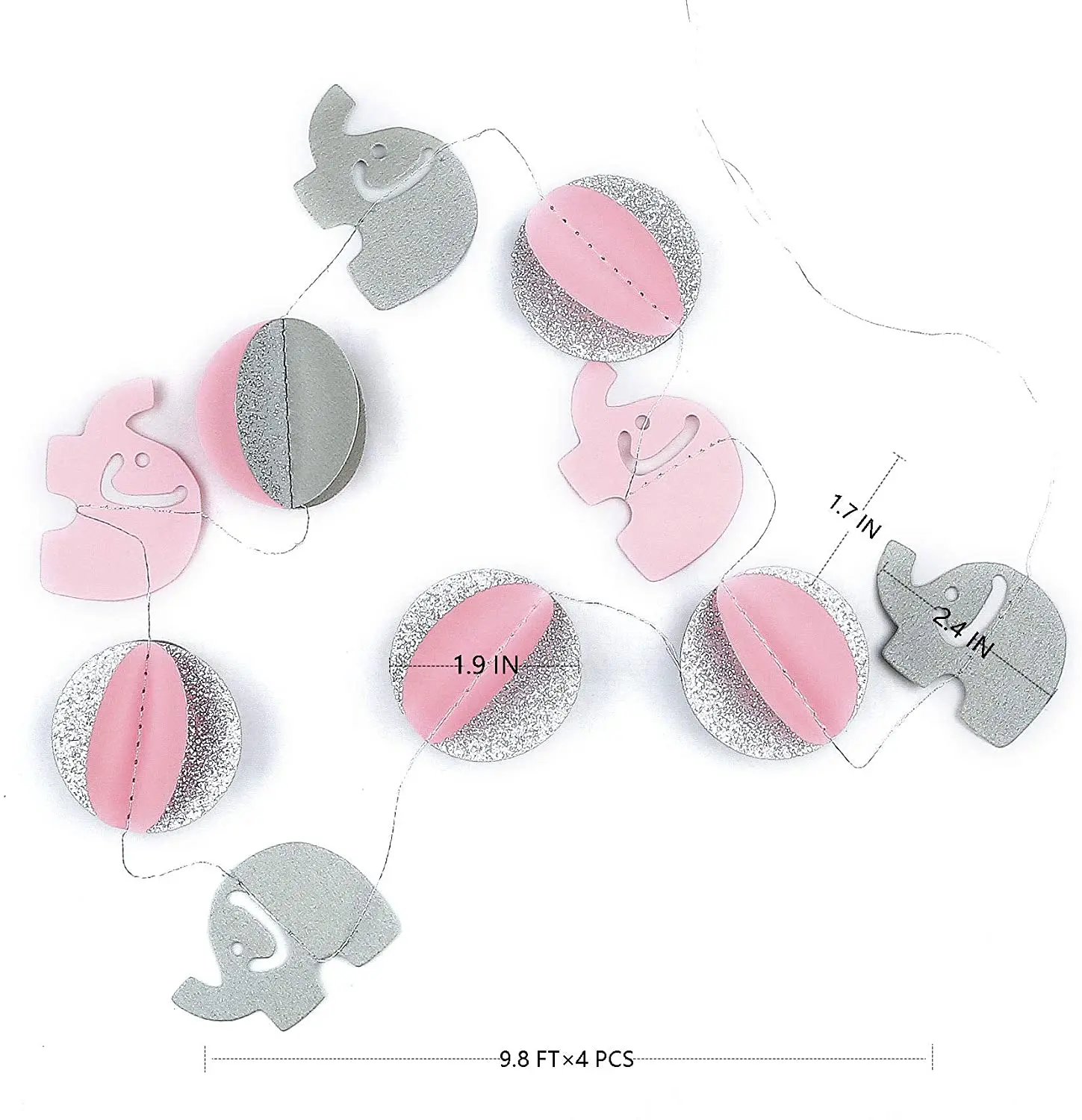3D Pink Elephant Paper Garland Elephant Baby Shower Decorations Hanging Glitter Birthday Party Supplies Nursery Pink+Gray+Silver