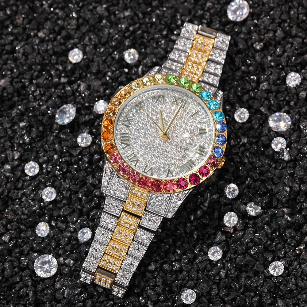 New casual simple watch hip hop diamond rainbow gradient color calendar quartz watch