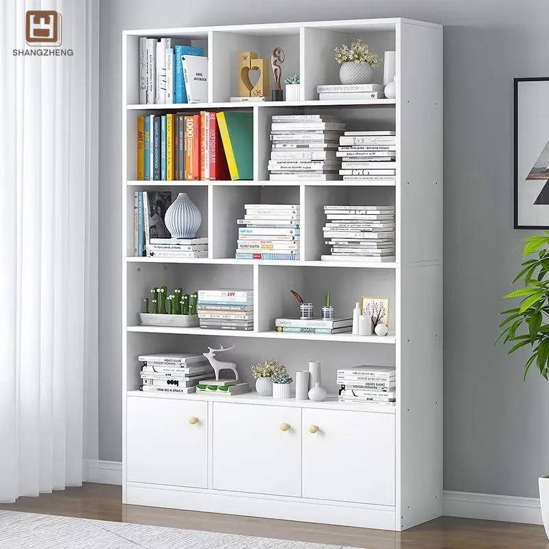 Modern Five-Tier White Melamine Wooden Bookshelf Extendable with Glass-Front Cabinets Decorative Accents for Apartment Workshop