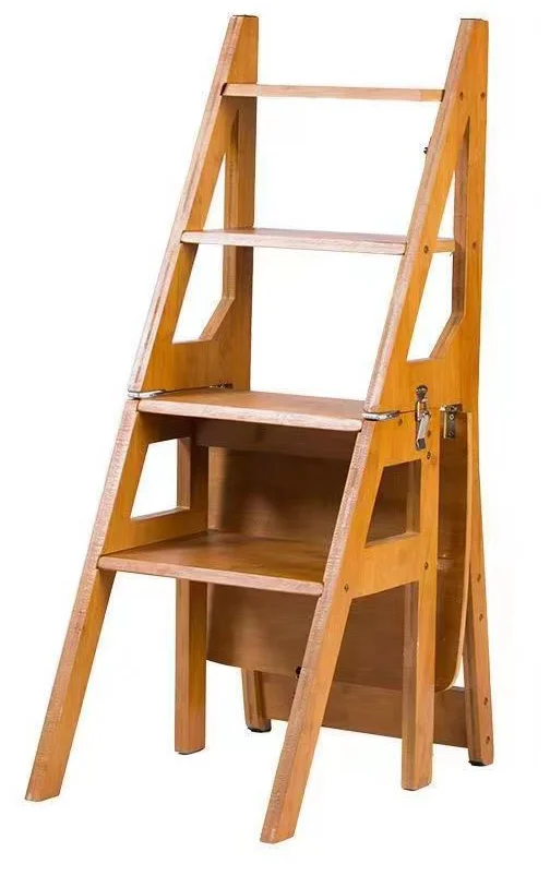 3 in 1 Wood Bamboo Folding Standing Multi-Function Ladder Plant Shelf Rack Step Stool Chair Multi-functional 4 step ladder chair