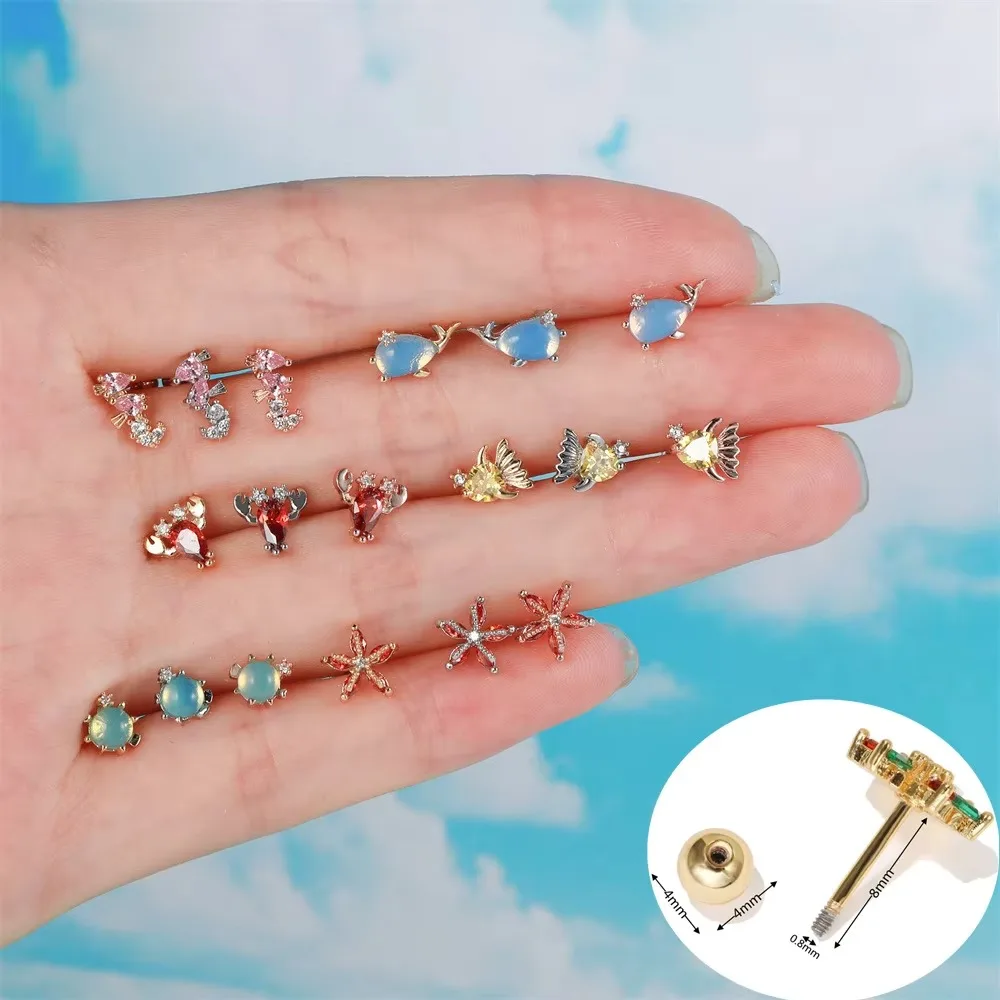 Marine Animals 18K Earrings for Women Girls Environmental Protection Theme Jewelry Zircon Starfish Plated Brass Stud Earrings