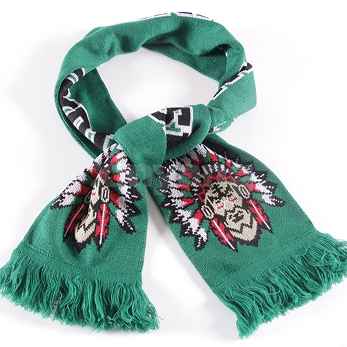 Дешевые изготовленные на заказ пряжа окрашенная акриловый футбольный вентилятор шарф, жаккардовый вязаный футбольный шарф