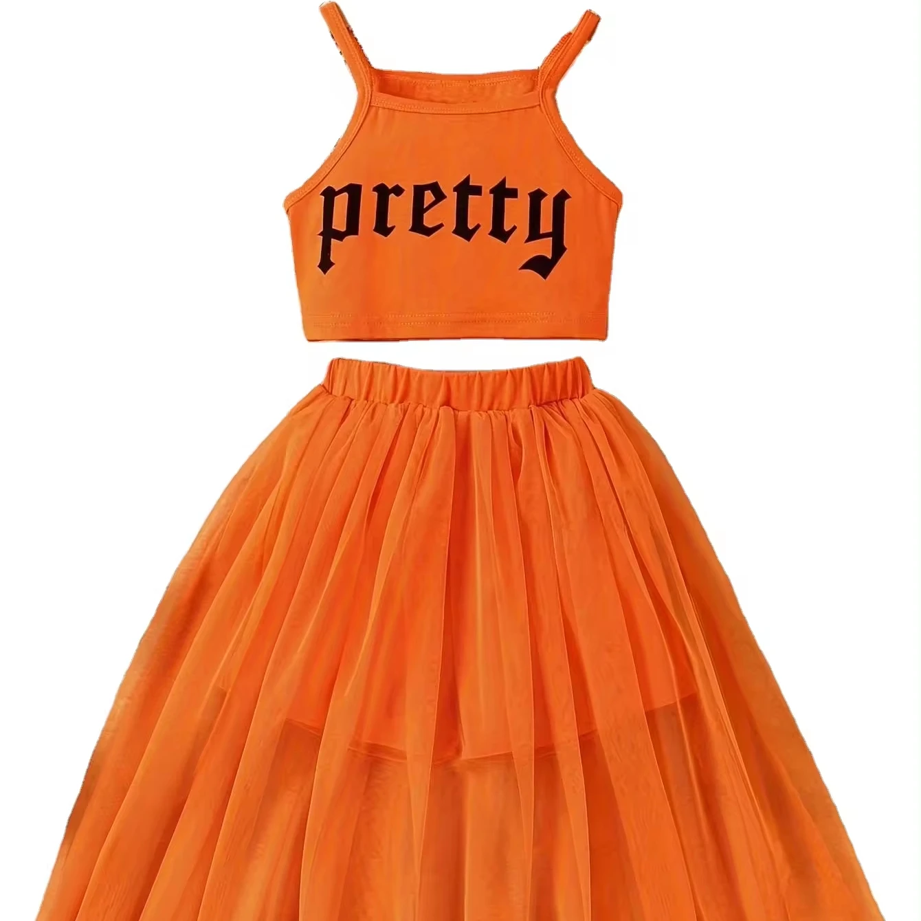 Young Girl Mesh Floral Print Two Pieces Set With Camisole Vest Baby Girls Fashion Dress