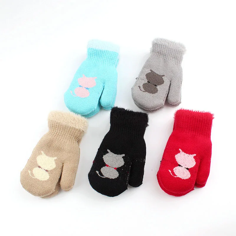 Teenagers Kids Winter Warm Cat Pattern Mitten Full Finger Jacquard Knitted Gloves