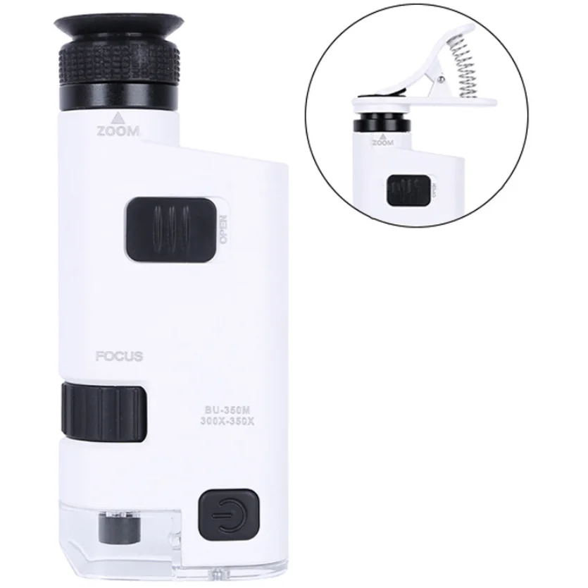 Wholesale 300X-350X Mini Led Illuminated Pocket Mobile Phone Microscope with Universal Clip Zoom Magnifier NO.BU-350M