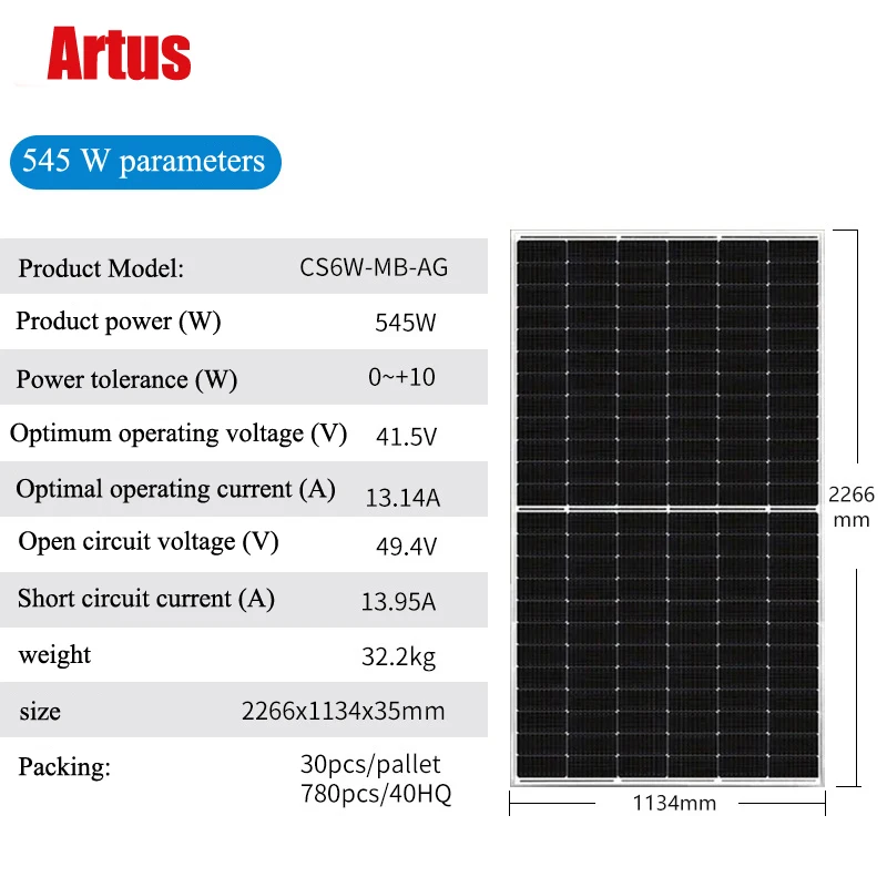 Artus Solar photovoltaic panel 545W grid-connected power generation module single crystal solar panel multi main grid solar pane